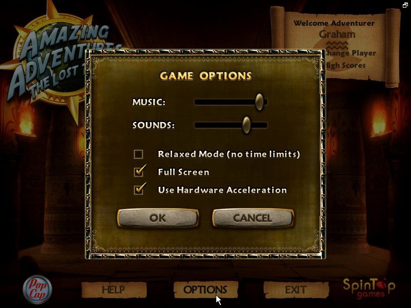 Amazing Adventures: The Lost Tomb (Windows) screenshot: There aren't many game configuration options. The main gameplay affecting option is the removal of the time limits on each screen