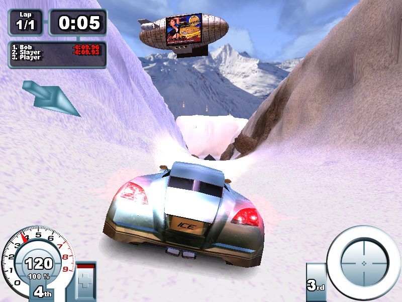 Glacier (Windows) screenshot: Even if it looks like an half-pipe, you'll have no chance to collide with the Zeppelin