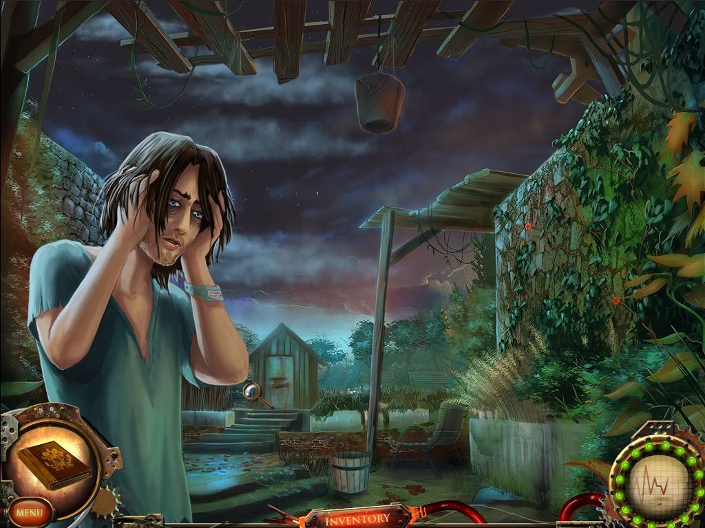 Nightfall Mysteries: Asylum Conspiracy (Macintosh) screenshot: Garden - Stranger by Tool Shed