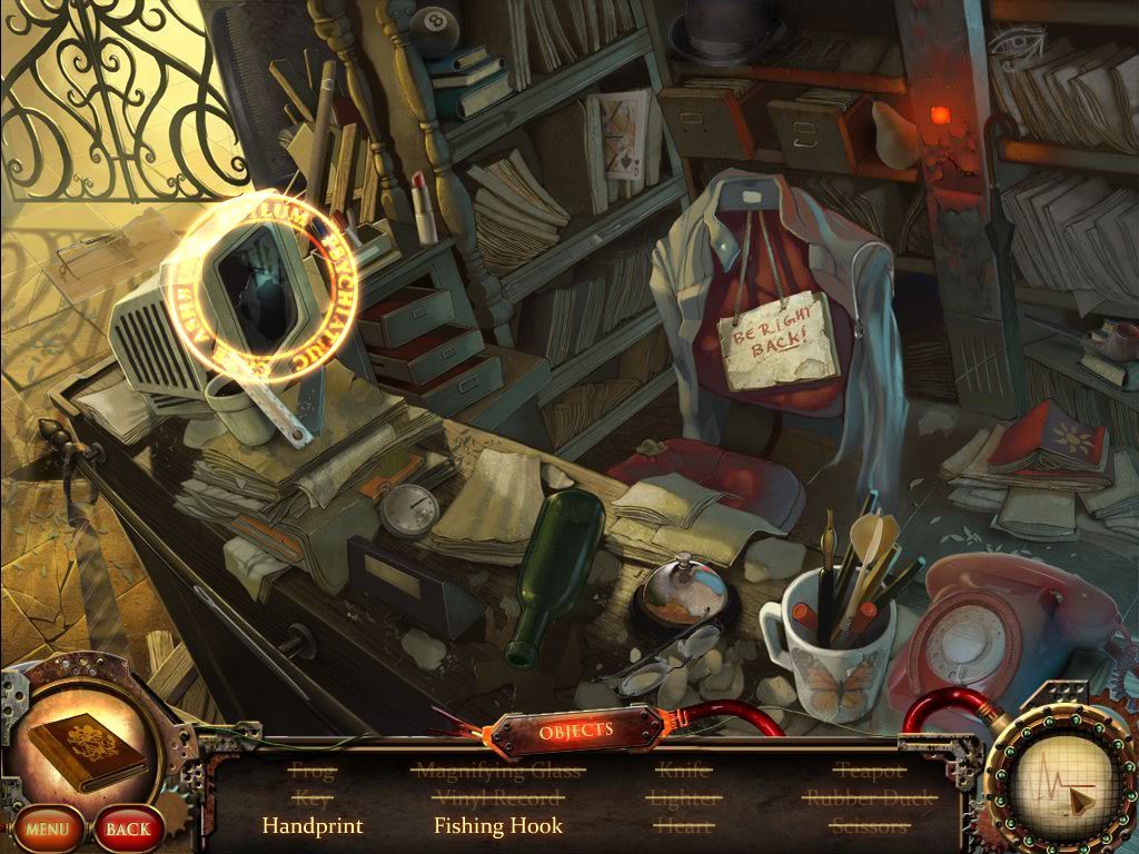 Nightfall Mysteries: Asylum Conspiracy (Macintosh) screenshot: Main Hall Reception - objects hint