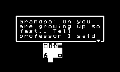 Pulpmon (Playdate) screenshot: The player's first task is the meet with the professor in the nearby village.