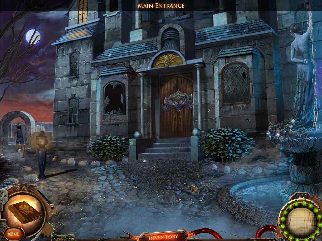 Nightfall Mysteries: Asylum Conspiracy (Macintosh) screenshot: Main Entrance - Stranger runs away left