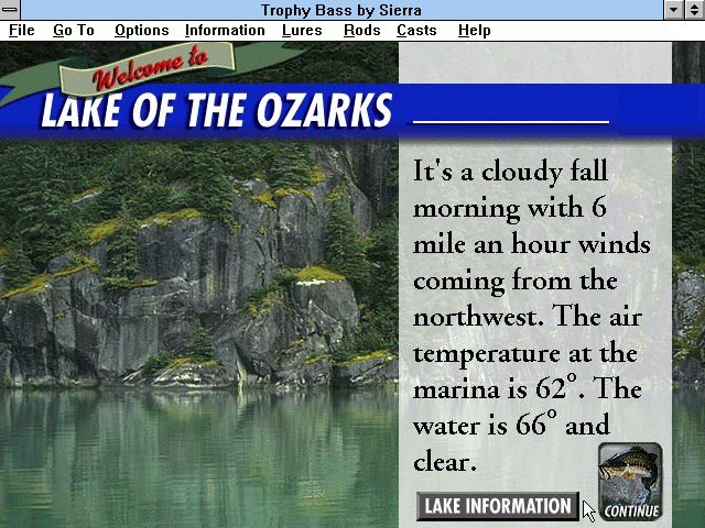 Trophy Bass (Windows 3.x) screenshot: Welcome to Lake of the Ozarks