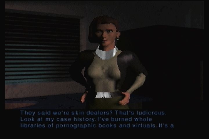 Hell: A Cyberpunk Thriller (3DO) screenshot: Gideon and Rachel have been set up on a false human-on-demon porno charge. By why?