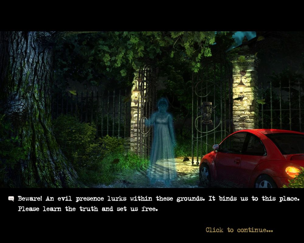 Fear for Sale: Mystery of McInroy Manor (Macintosh) screenshot: Game start greeted by a ghost with a warning