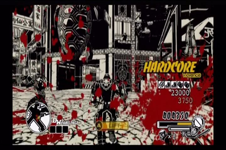 MadWorld (Wii) screenshot: Chaining violent acts earns you point bonuses.
