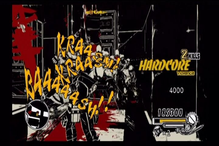 MadWorld (Wii) screenshot: Flinging a group of baddies into some saw blades.