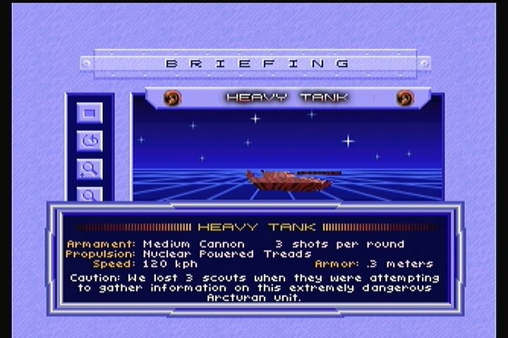 Stellar 7: Draxon's Revenge (3DO) screenshot: "Briefing" mode gives encyclopedia entries for the enemies.