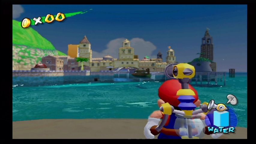 Super Mario Sunshine (GameCube) screenshot: Looking at Delfino Harbor.