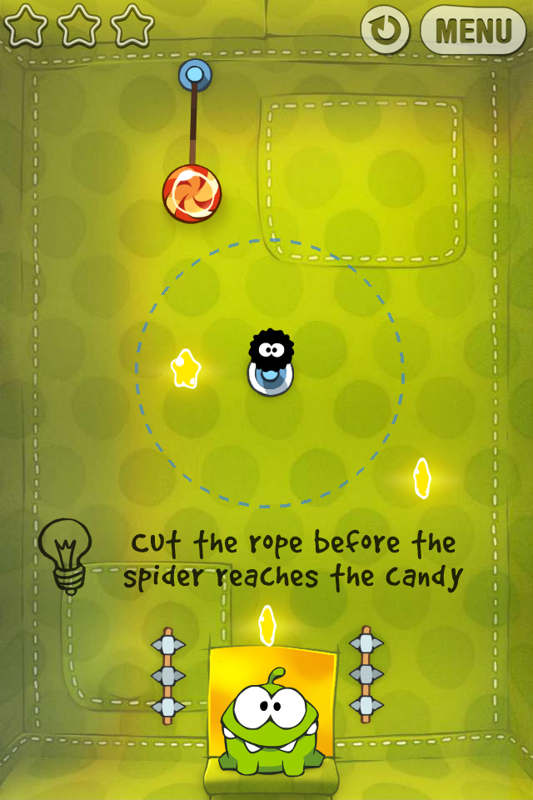 Cut the Rope (iPhone) screenshot: Level 2-9, cut the rope before the spider reaches the candy