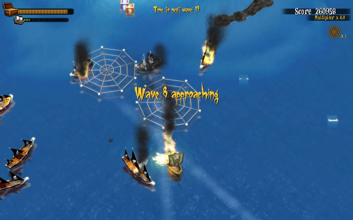Woody Two-Legs: Attack of the Zombie Pirates (Windows) screenshot: The opposition can soon become overwhelming. I've put down some webs to slow them down.