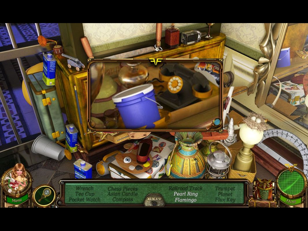 Flux Family Secrets: The Rabbit Hole (Macintosh) screenshot: Mansion Entrance - cabinet objects using magnifier