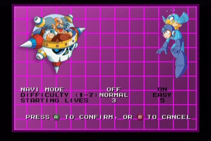 Mega Man: Anniversary Collection (GameCube) screenshot: Options screen. Tweak difficulty for each game.