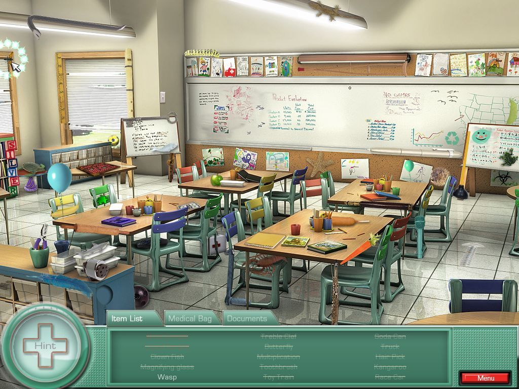 Elizabeth Find M.D.: Diagnosis Mystery (Macintosh) screenshot: Classroom - objects