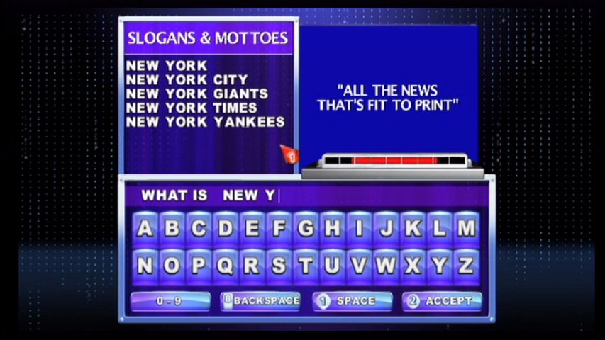 Jeopardy! (Wii) screenshot: Fill in a few correct letters and get some auto-complete suggestions.