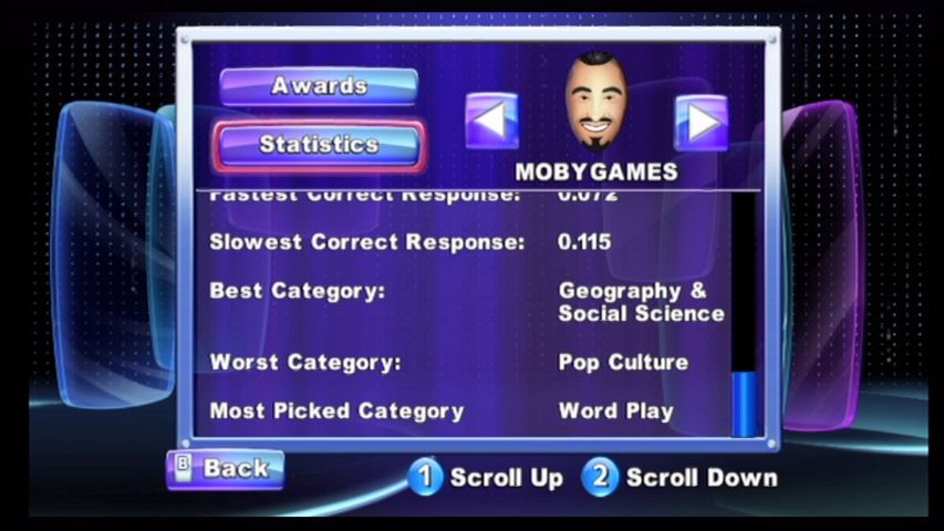 Jeopardy! (Wii) screenshot: Each player has their own tracked stats.