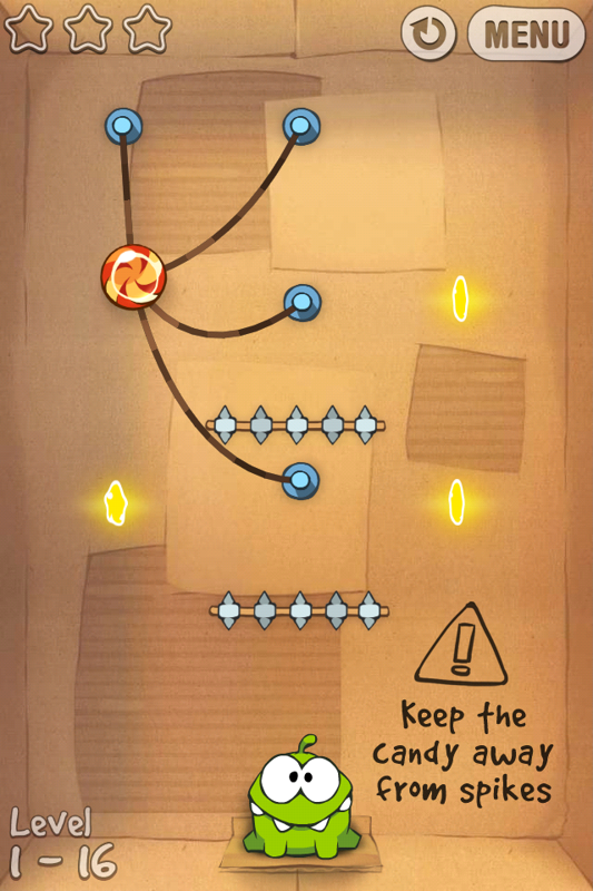 Cut the Rope (iPhone) screenshot: Level 1-16, keep the candy away from the spikes