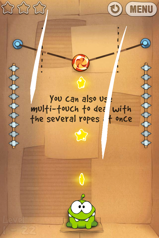 Cut the Rope (iPhone) screenshot: Level 1-22, you can also use multi-touch to deal with several ropes at once