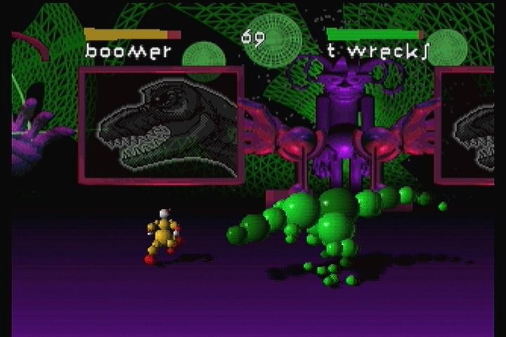 Ballz: The Director's Cut (3DO) screenshot: Boomer vs a T-Rex.