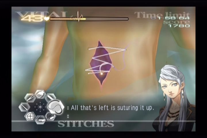 Trauma Center: Second Opinion (Wii) screenshot: Suture the wound to finish each surgery.