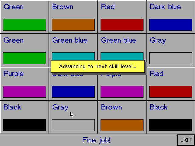 Teaching Tiles (DOS) screenshot: End of a level 3 colour match game