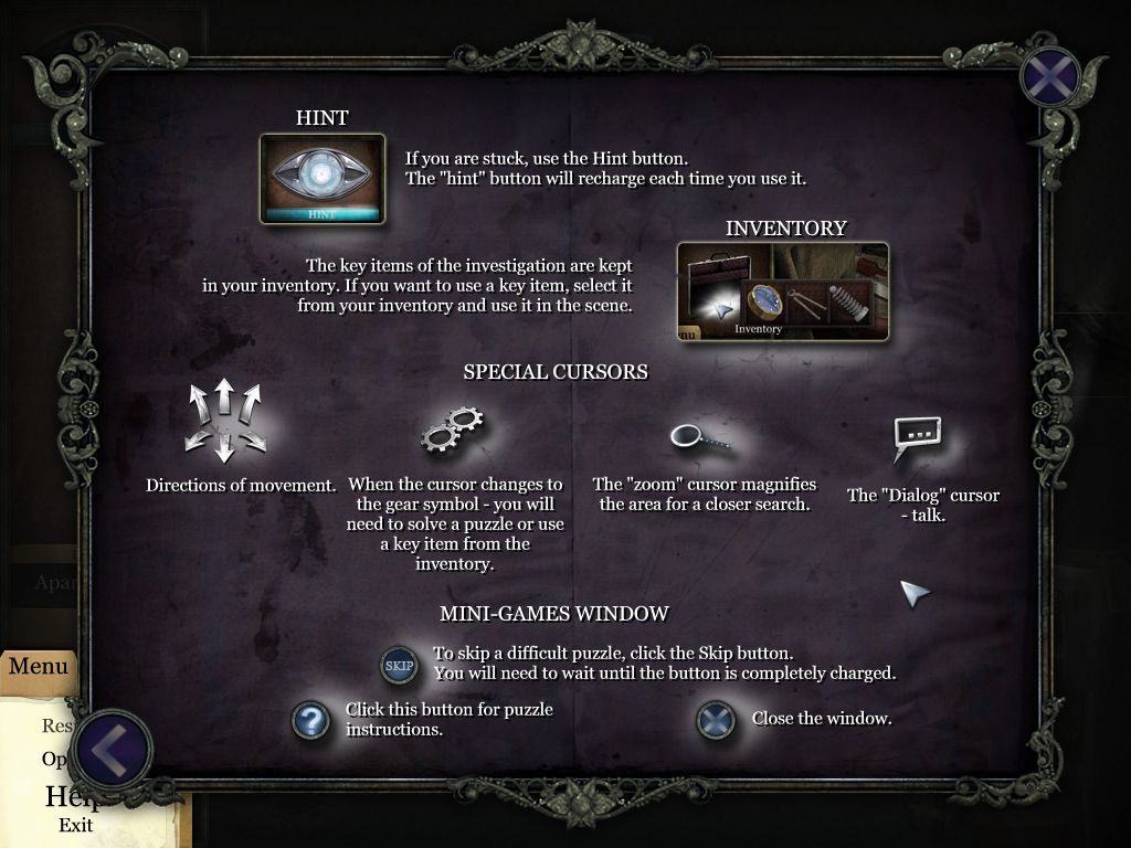 Strange Cases: The Lighthouse Mystery (Macintosh) screenshot: Game help