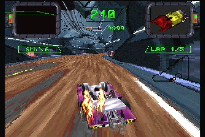 Crash 'n Burn (3DO) screenshot: The car starts flaming as you take significant damage.