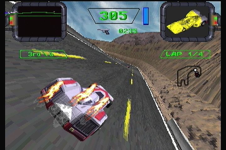 Crash 'n Burn (3DO) screenshot: Courses have plenty of hills, banks, and tilts.