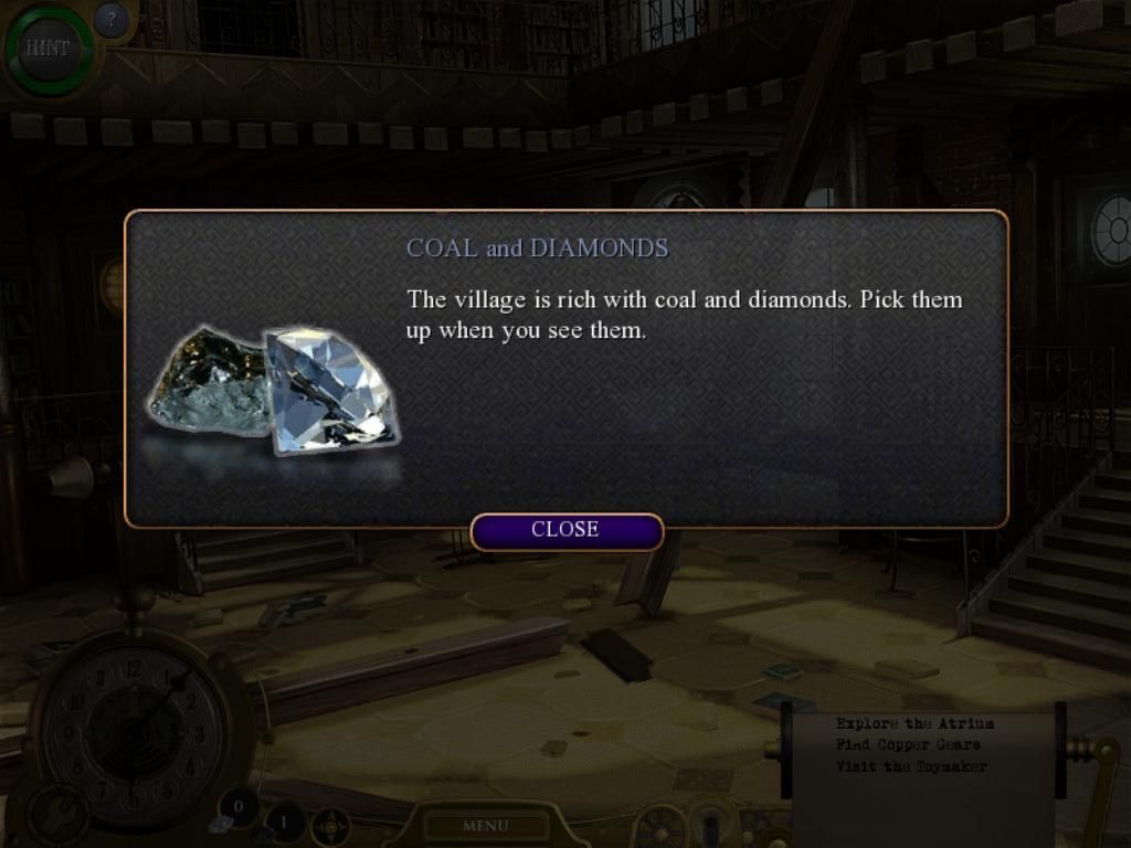 Lost in Time: The Clockwork Tower (iPad) screenshot: Collecting coal & diamonds