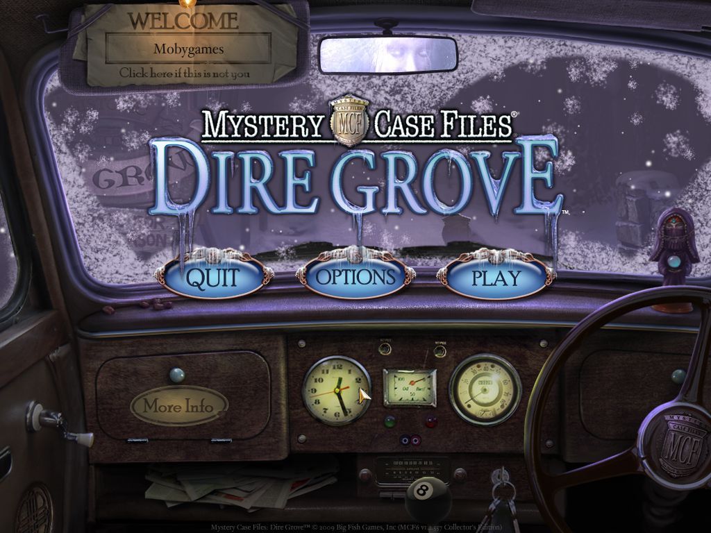 Mystery Case Files: Dire Grove (Macintosh) screenshot: Title / main menu (the menu will flash at random an for just a second a woman appears in rear view mirror)