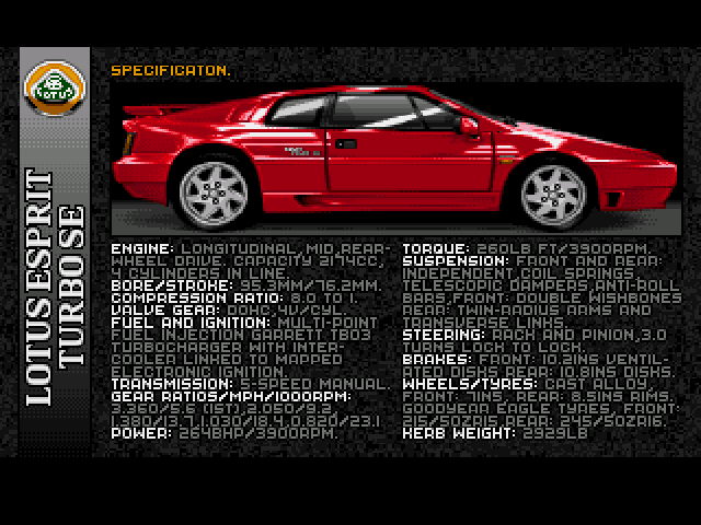 Lotus Esprit Turbo Challenge (Amiga) screenshot: Your car specifications