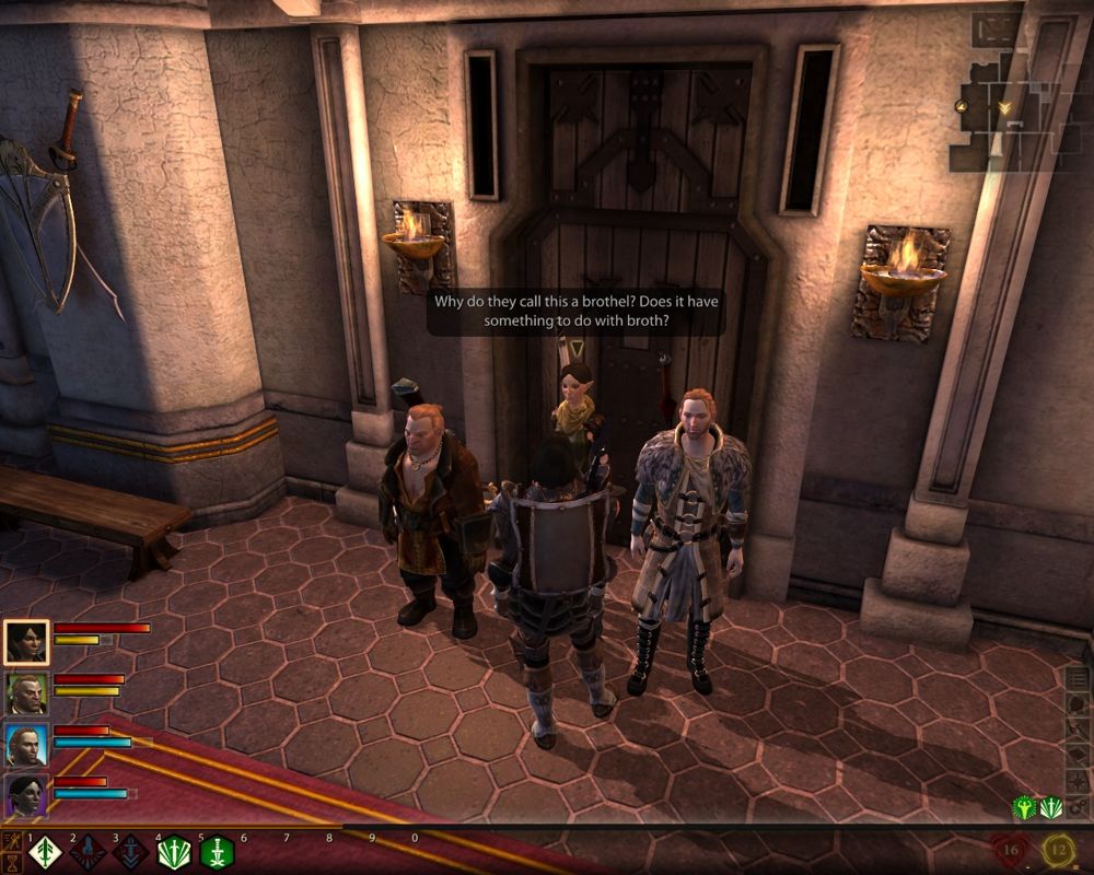 Dragon Age II (Windows) screenshot: Party members frequently comment on whatever strikes their fancy. Typical Merrill observation here...