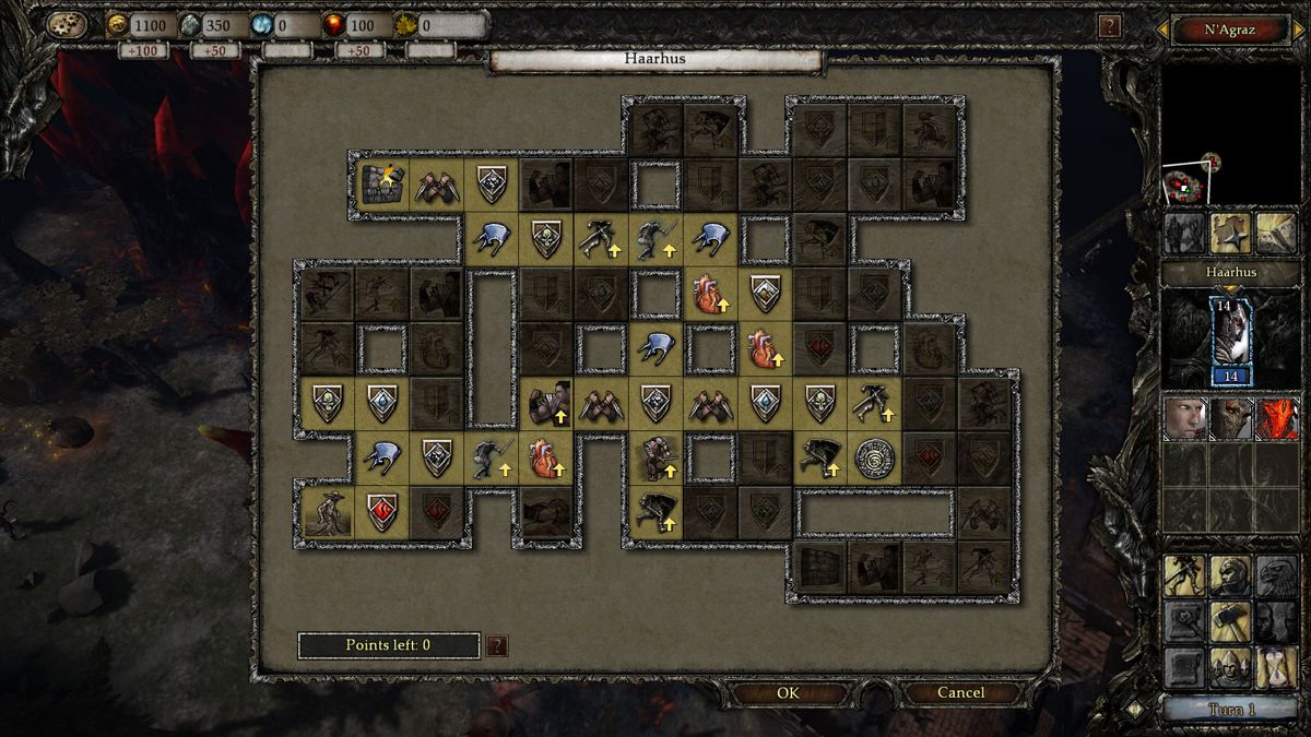 Disciples III: Renaissance (Windows) screenshot: Haarhus` (hero of the demon campaign) skill tree. Different leaders have different skill trees and different powerful abilities.