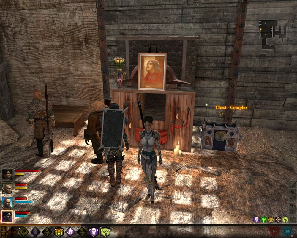 Dragon Age II (Windows) screenshot: This quest involves investigating serial murders of women. You can see a chest with a difficulty level on it. You can also see Merrill in a new outfit - companions get them after completing a romance