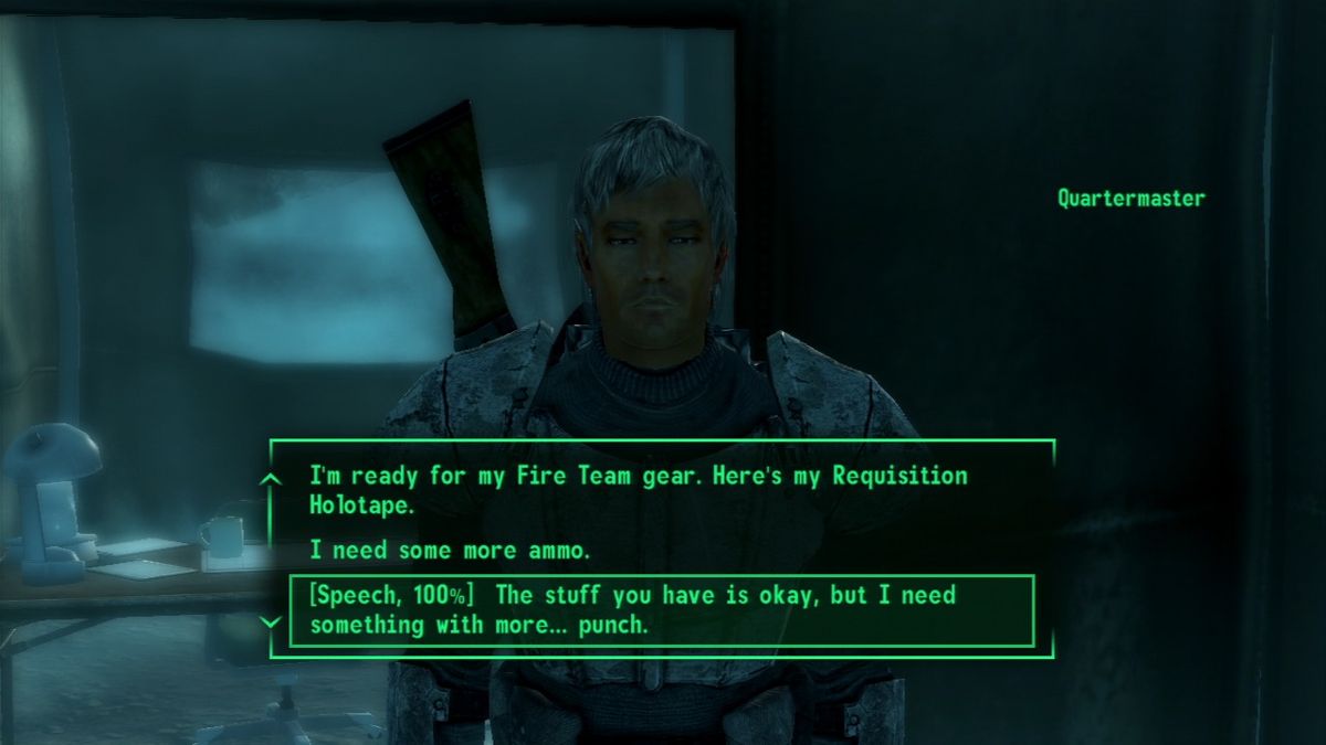Fallout 3: Operation: Anchorage (PlayStation 3) screenshot: Using high speech level to get some more firepower.