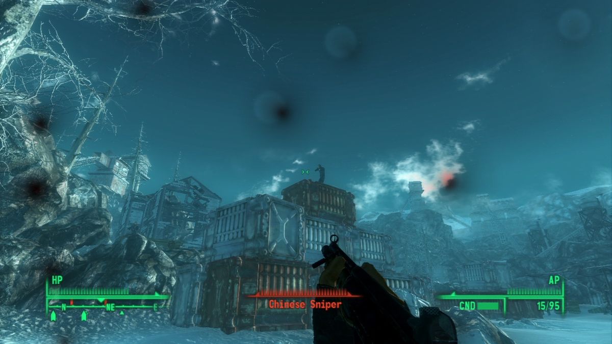Fallout 3: Operation: Anchorage (PlayStation 3) screenshot: Sniper high at 12 o'clock.