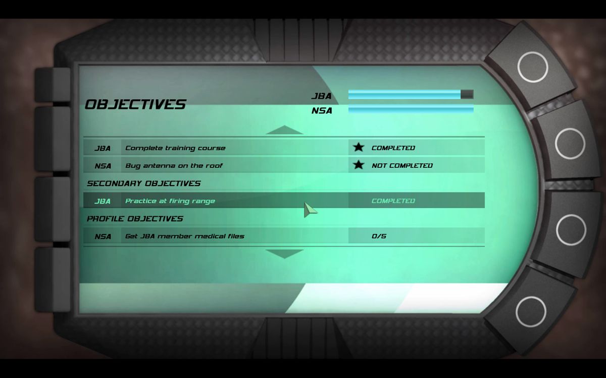 Tom Clancy's Splinter Cell: Double Agent (Windows) screenshot: You can check objectives at anytime. There are the primary and the secondary (not required for finishing the mission).