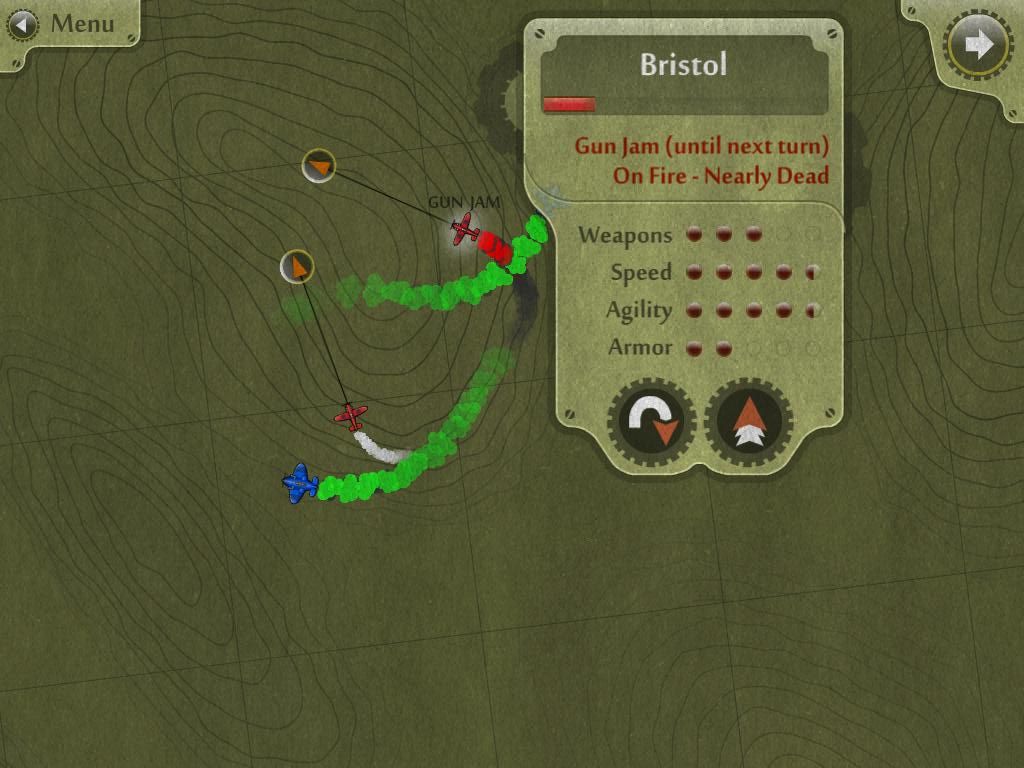 SteamBirds (iPad) screenshot: Checking plane status - health almost gone and guns have jammed