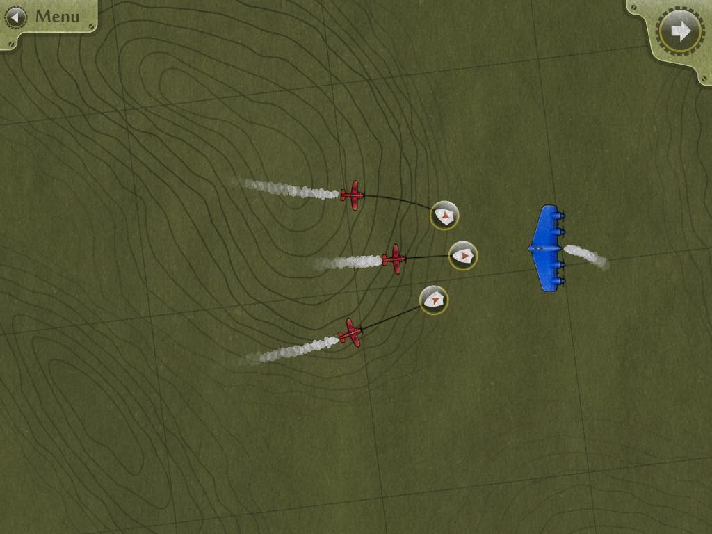 SteamBirds (iPad) screenshot: Attacking a flying wing all fighters have shields on