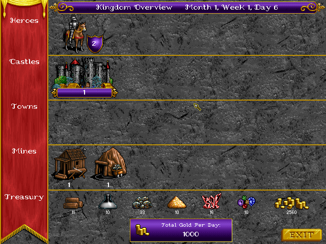 Heroes of Might and Magic (DOS) screenshot: Kingdom overview