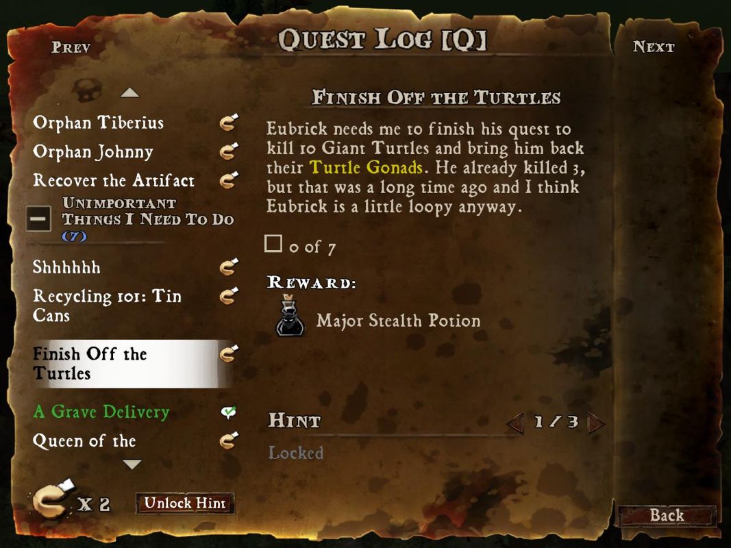 DeathSpank (Windows) screenshot: Quest Log Screen - Lists main quests, sub-quests, and completed quests -- many written in a humorous tone. Hints may be unlocked here if the player has sufficient fortune cookings.