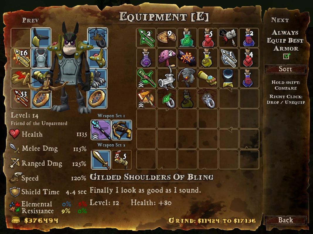 DeathSpank (Windows) screenshot: Equipment Screen - Also features the character sheet information and weapon/armor specific inventory screen, as well as quick slot access for potions and food may also be equipped here.