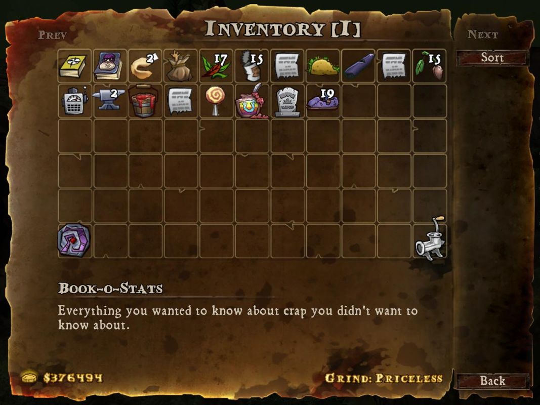 DeathSpank (Windows) screenshot: Inventory Screen - For quest related items only. The grinder (bottom right corner) is available to destroy not needed items and transform them into gold.