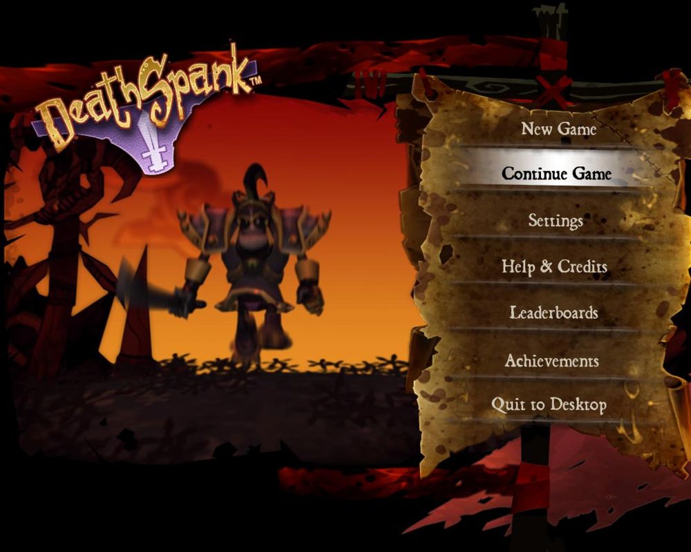 DeathSpank (Windows) screenshot: Main Menu - Featuring an animated running Deathspank on the left.