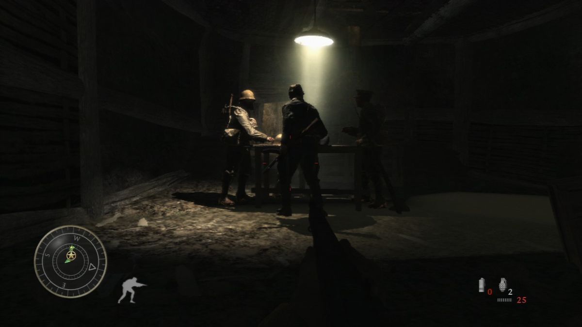 Call of Duty: World at War (PlayStation 3) screenshot: Sneaking up to a secret meeting in one of the underground tunnels.