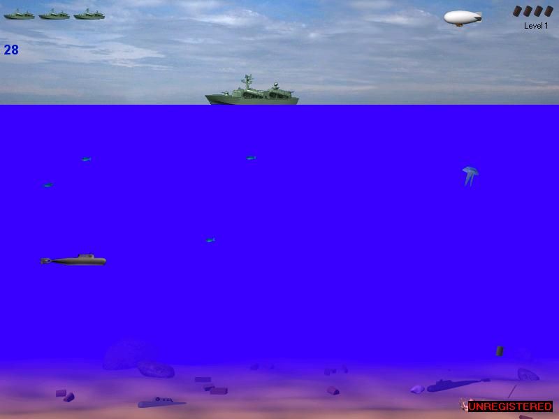 SubmarineS (Windows) screenshot: The zeppelin has entered. He can drop things to help me.