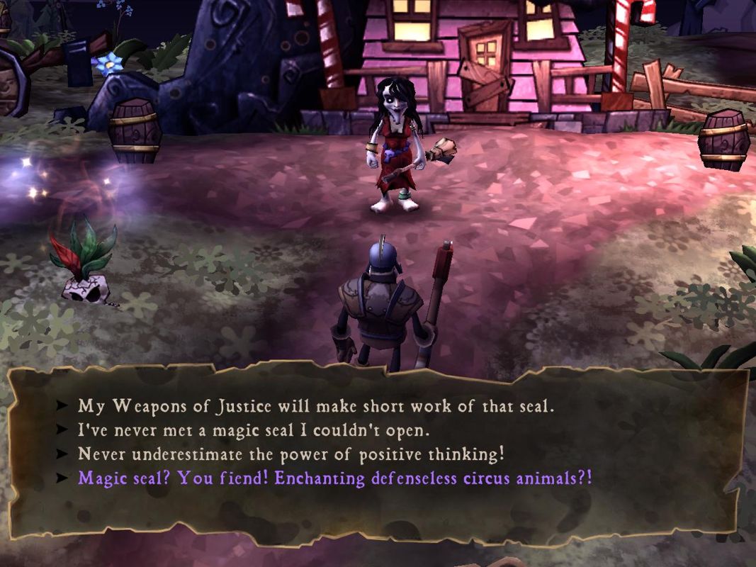DeathSpank (Windows) screenshot: Dialog with the Demon Witch - Veterans of <i>Monkey Island</i> may recall some nostalgic humor familiarities here.