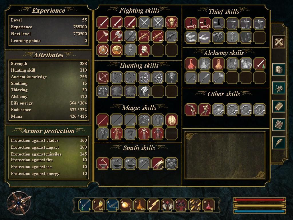 Gothic 3: Forsaken Gods (Windows) screenshot: You can still continue the game after finishing it. My stats after completing the game with nearly every creature killed and every quest done. though pay attention that You start the game with lvl 10.