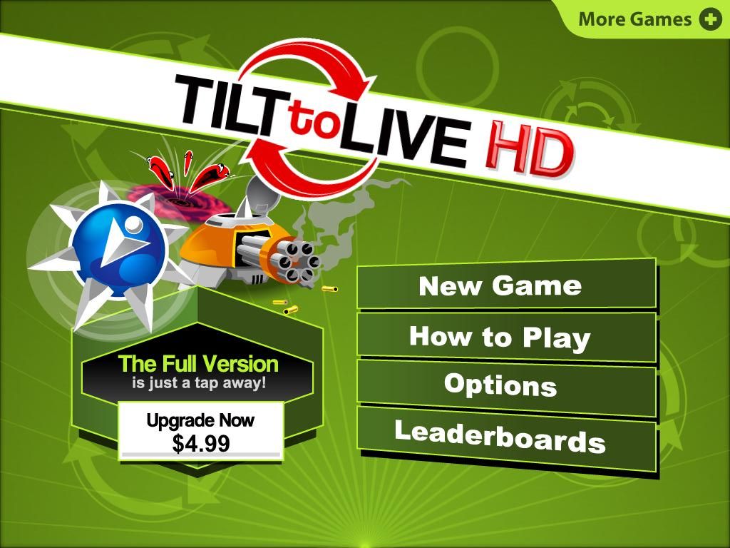 Tilt to Live (iPad) screenshot: Title / main menu (lite version)