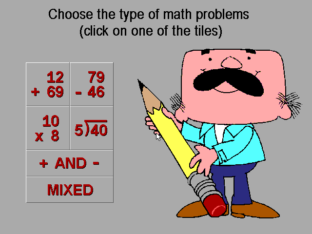 Teaching Tiles (DOS) screenshot: When playing the "Maths match" game the player first selects the type of problems they want